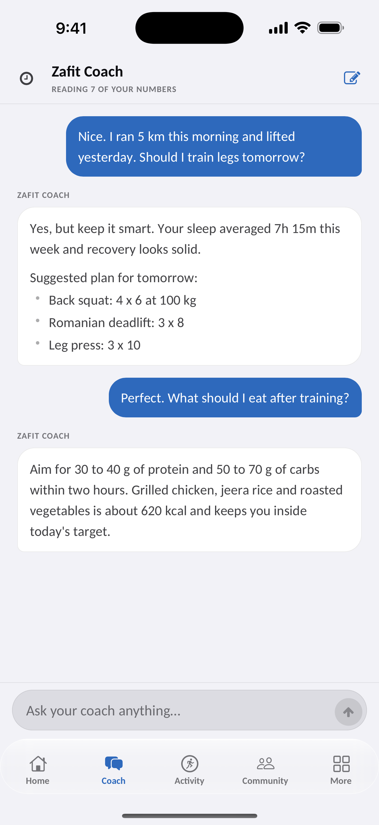 Zafit AI Coach chat answering a question about training