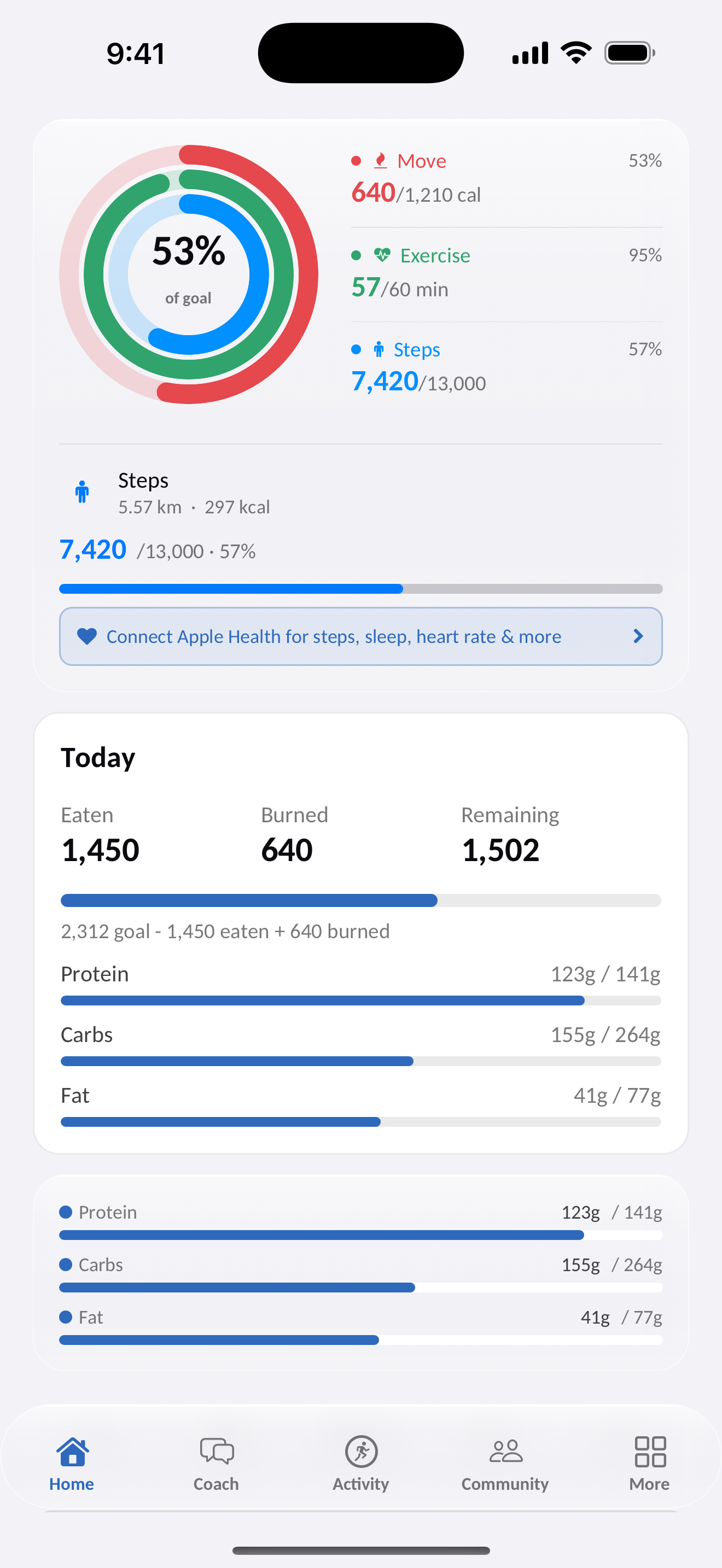 Zafit home screen showing today's calories, activity and sleep