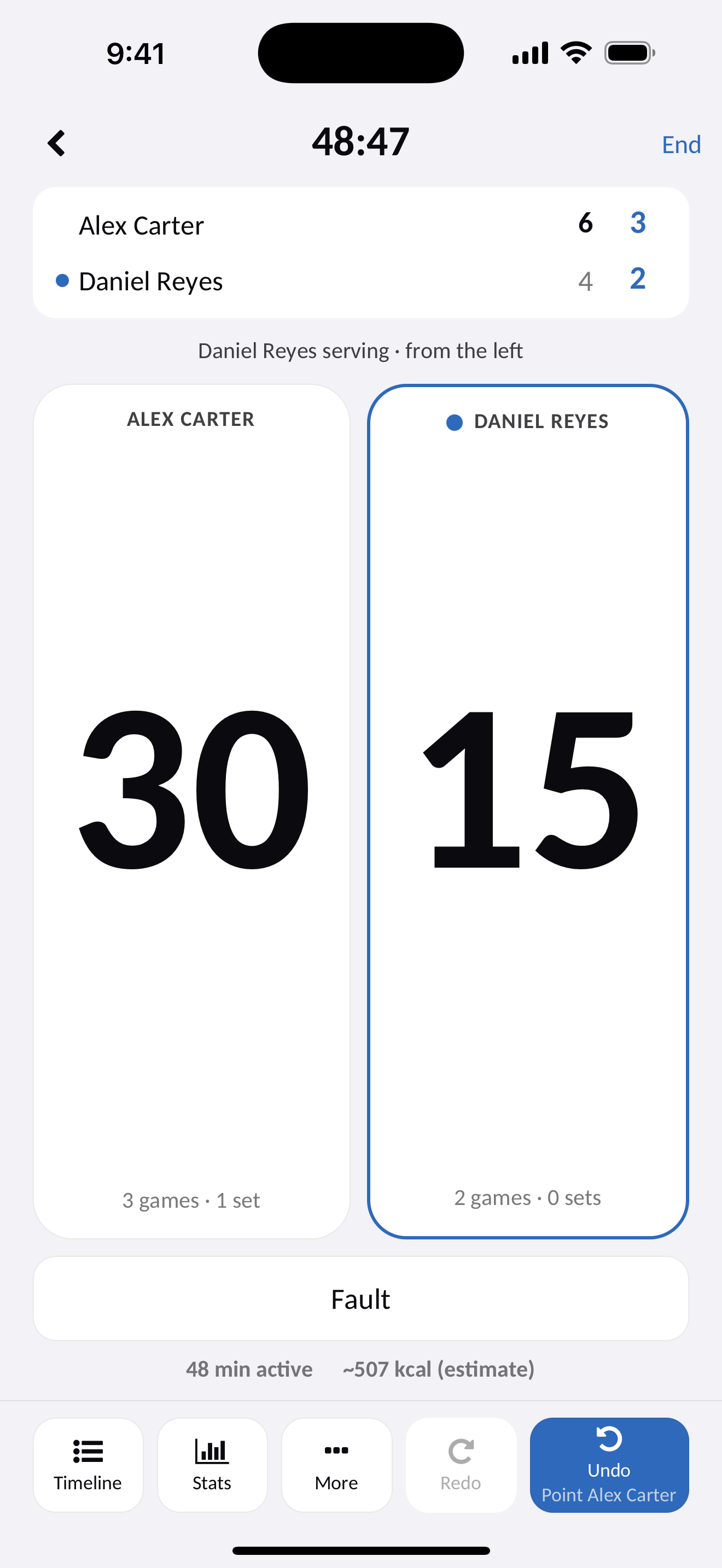 Zafit matches screen with a scored game
