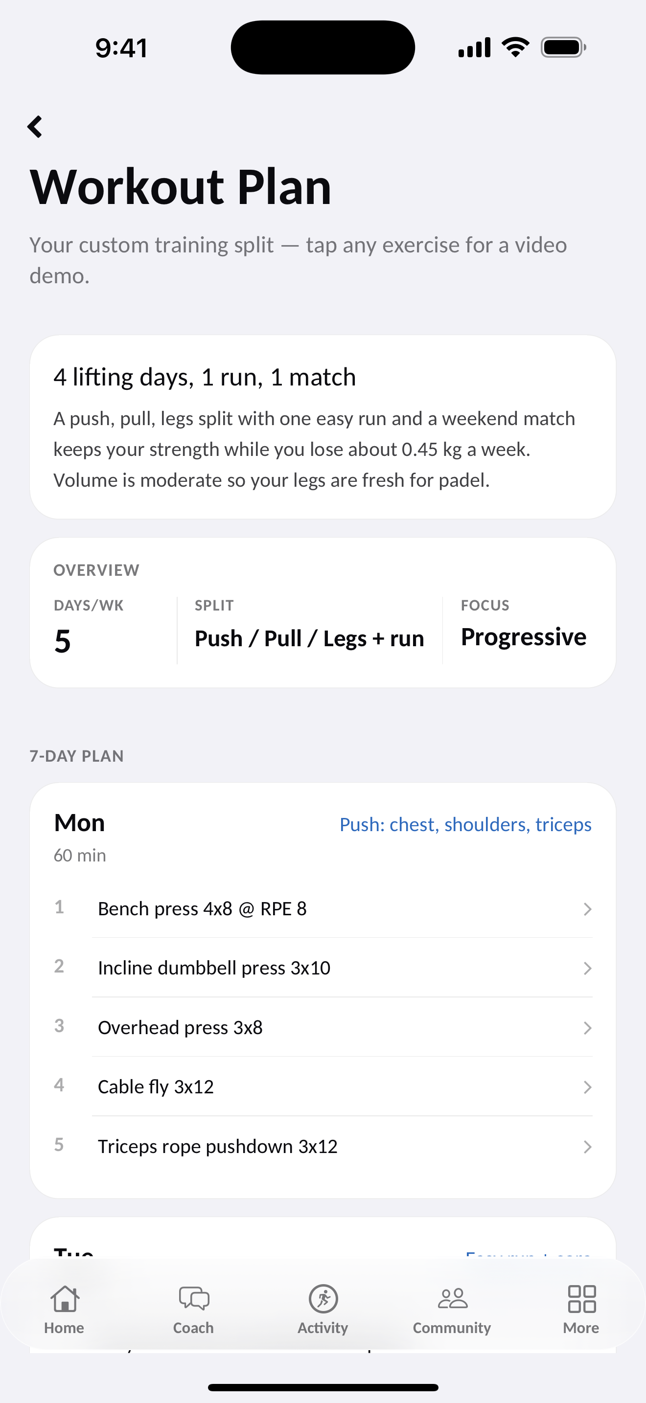 Zafit personal plans screen