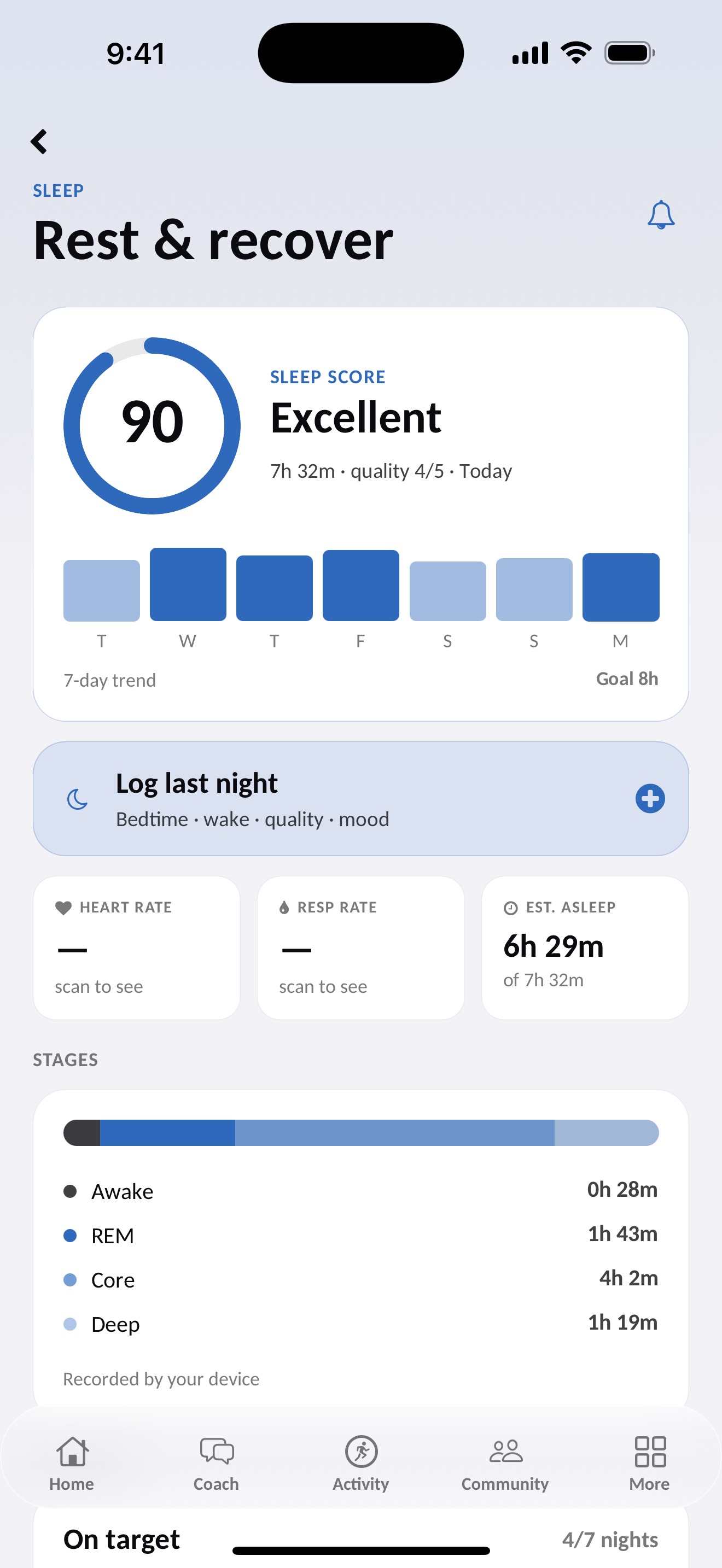Zafit AI sleep screen with a sleep score, seven-day trend and sleep stages